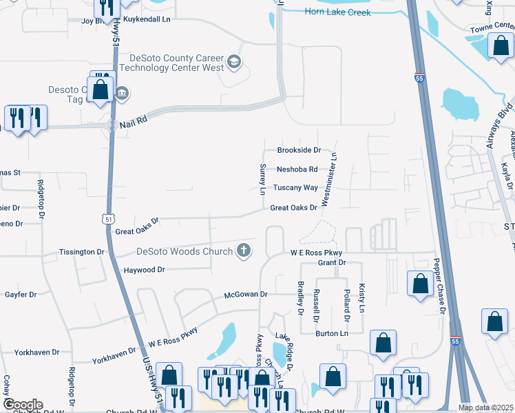 map of restaurants, bars, coffee shops, grocery stores, and more near 5745 Surrey Lane in Southaven