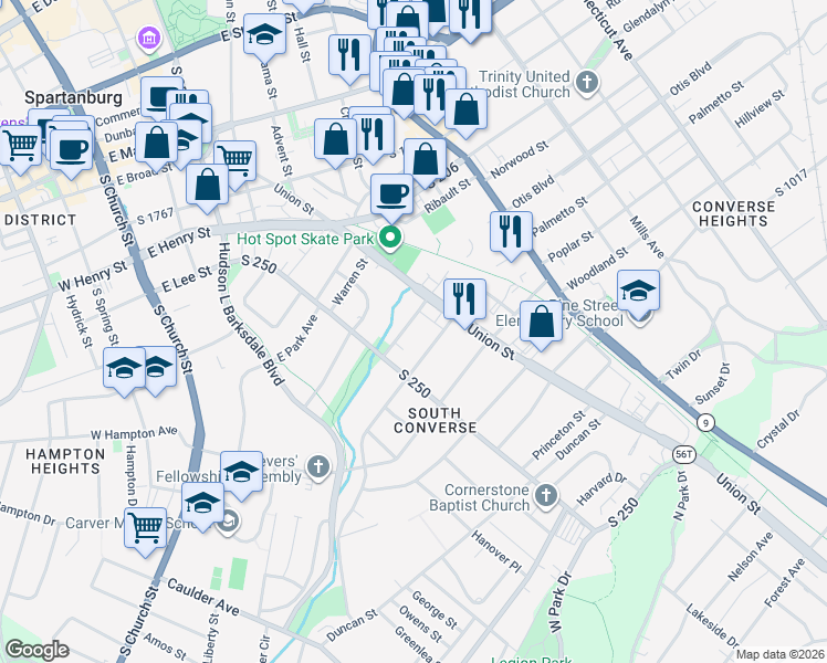map of restaurants, bars, coffee shops, grocery stores, and more near 339 Ridgewood Avenue in Spartanburg