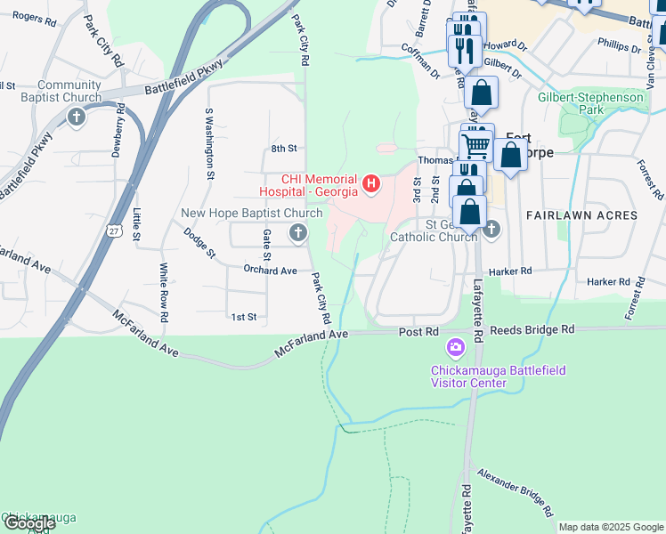 map of restaurants, bars, coffee shops, grocery stores, and more near 188 Park City Road in Rossville