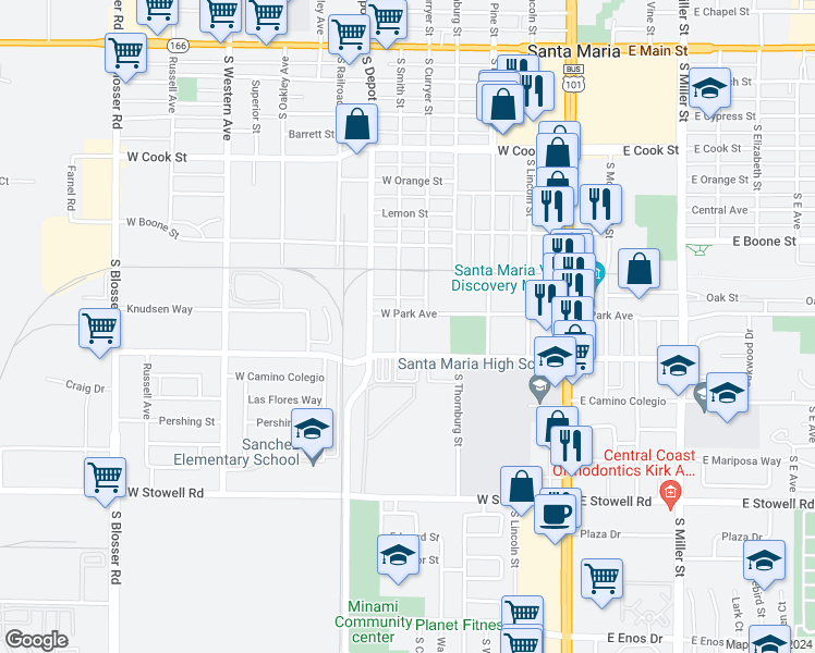 map of restaurants, bars, coffee shops, grocery stores, and more near 810 South Smith Street in Santa Maria