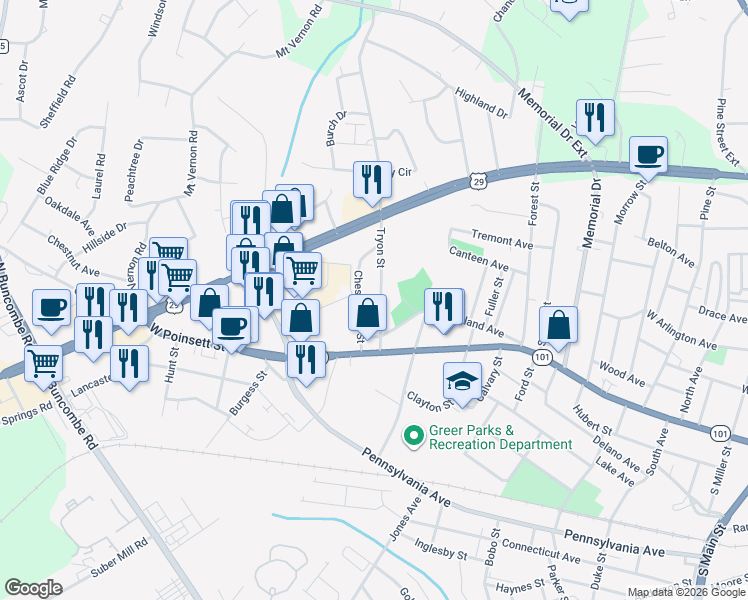 map of restaurants, bars, coffee shops, grocery stores, and more near 108 Chesterfield Street in Greer