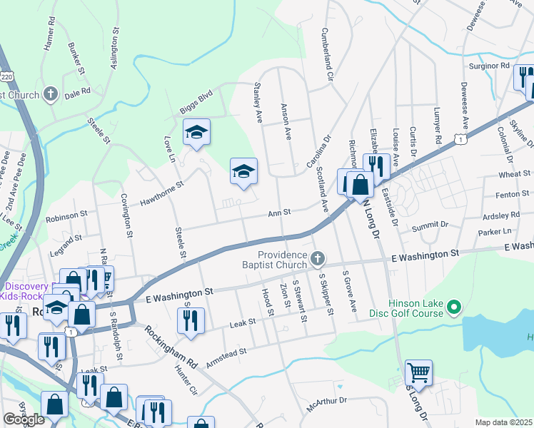 map of restaurants, bars, coffee shops, grocery stores, and more near Ann Street in Rockingham