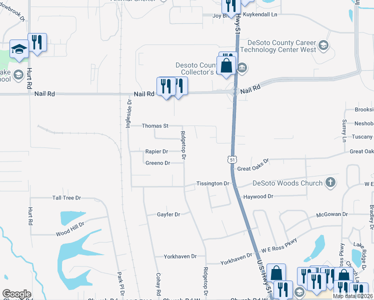 map of restaurants, bars, coffee shops, grocery stores, and more near 5726 Ridgetop Drive in Horn Lake