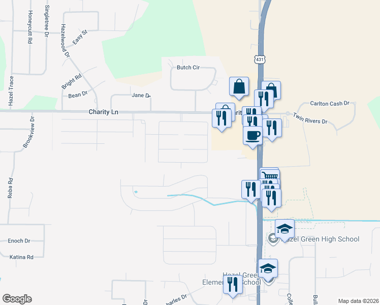 map of restaurants, bars, coffee shops, grocery stores, and more near 116 Hank Court in Hazel Green