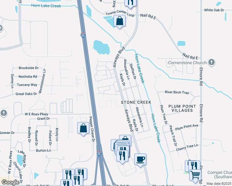 map of restaurants, bars, coffee shops, grocery stores, and more near Bradford Circle East in Southaven