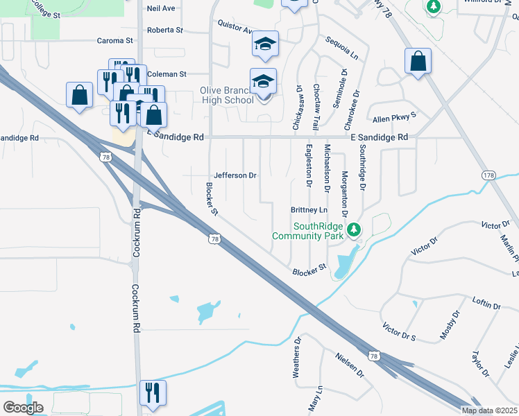 map of restaurants, bars, coffee shops, grocery stores, and more near 9409 Stone Street in Olive Branch