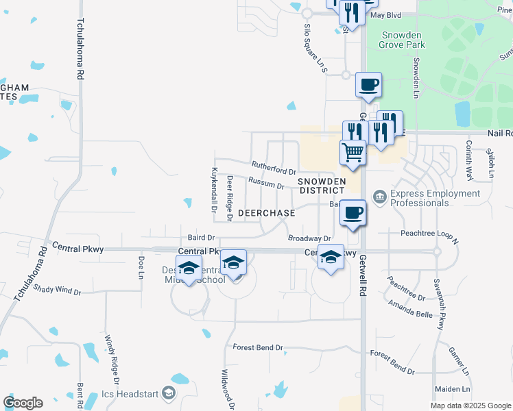 map of restaurants, bars, coffee shops, grocery stores, and more near 5717 Antler Trail in Southaven