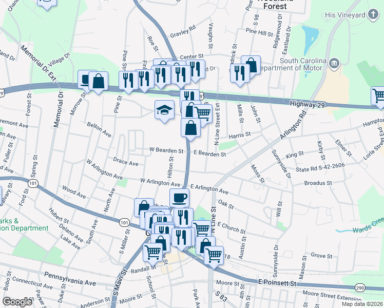 map of restaurants, bars, coffee shops, grocery stores, and more near 410 North Main Street in Greer