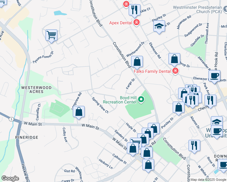 map of restaurants, bars, coffee shops, grocery stores, and more near 1282 Liberty Bell Court in Rock Hill