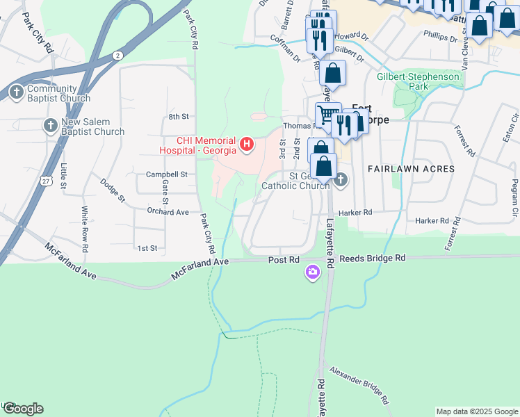 map of restaurants, bars, coffee shops, grocery stores, and more near 213 Barnhardt Circle in Fort Oglethorpe