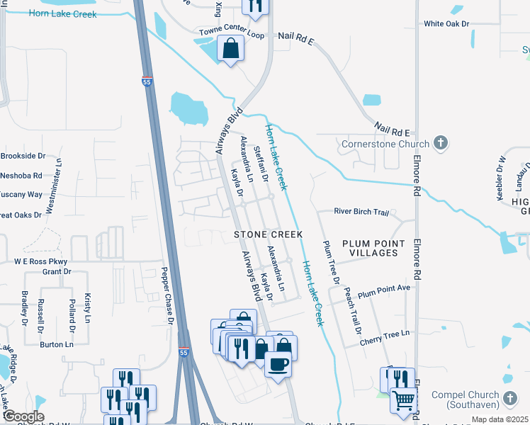 map of restaurants, bars, coffee shops, grocery stores, and more near 5730 Alexandria Lane in Southaven
