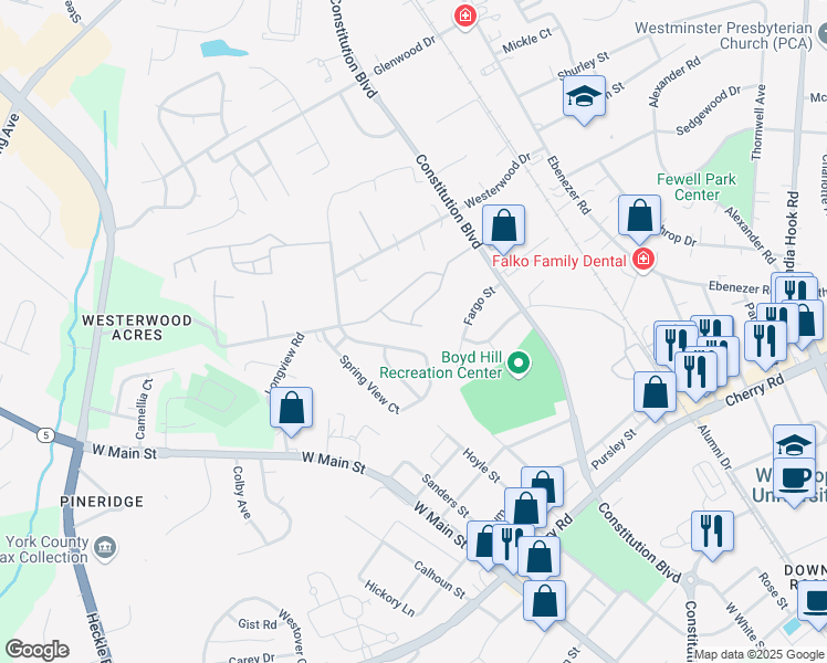 map of restaurants, bars, coffee shops, grocery stores, and more near 1272 Liberty Bell Court in Rock Hill