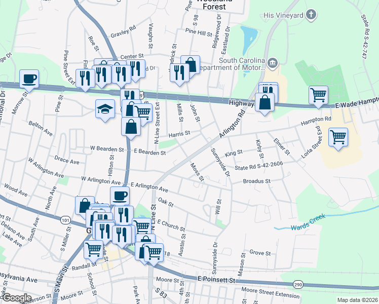 map of restaurants, bars, coffee shops, grocery stores, and more near 211 Arlington Road in Greer
