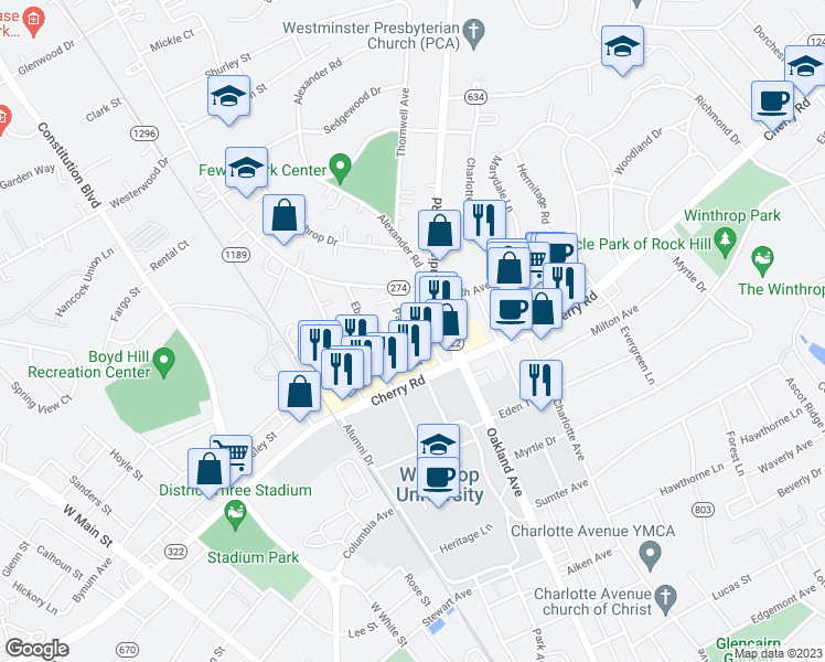 map of restaurants, bars, coffee shops, grocery stores, and more near 1046 Park Avenue Extension in Rock Hill