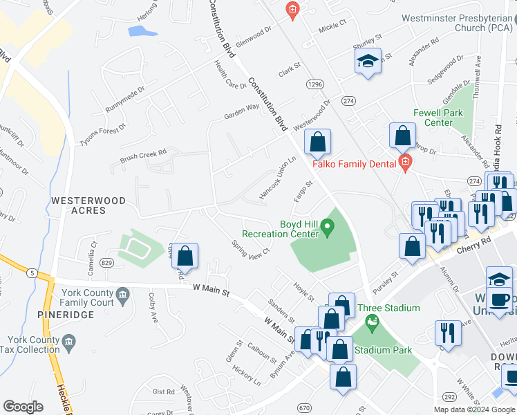 map of restaurants, bars, coffee shops, grocery stores, and more near 1264 Liberty Bell Court in Rock Hill