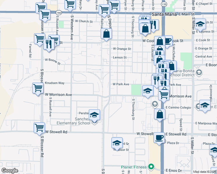 map of restaurants, bars, coffee shops, grocery stores, and more near 811 South Depot Street in Santa Maria