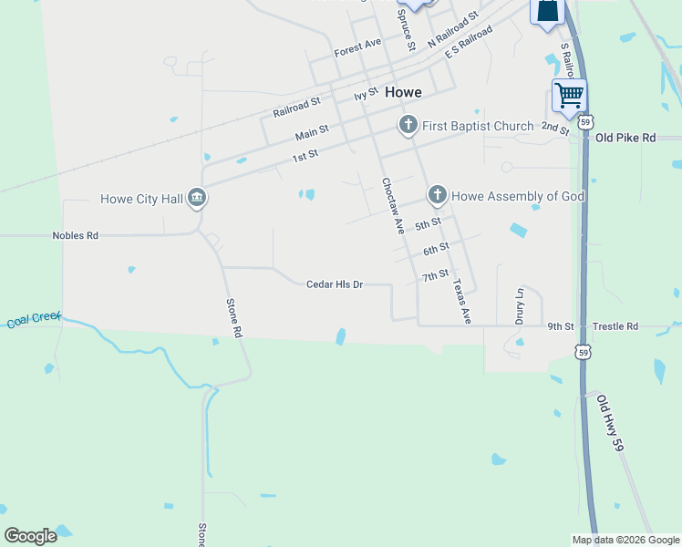 map of restaurants, bars, coffee shops, grocery stores, and more near 21622 Cedar Hill Drive in Howe
