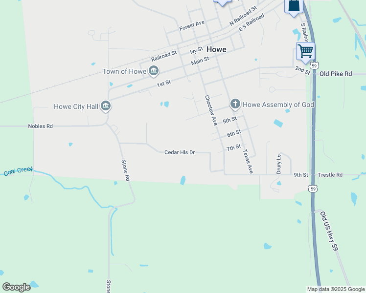 map of restaurants, bars, coffee shops, grocery stores, and more near 21622 Cedar Hill Drive in Howe