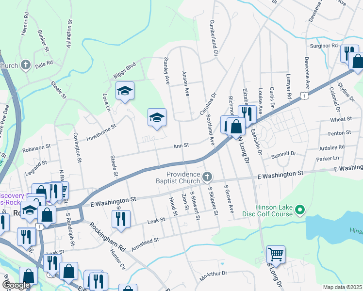 map of restaurants, bars, coffee shops, grocery stores, and more near Ann Street in Rockingham
