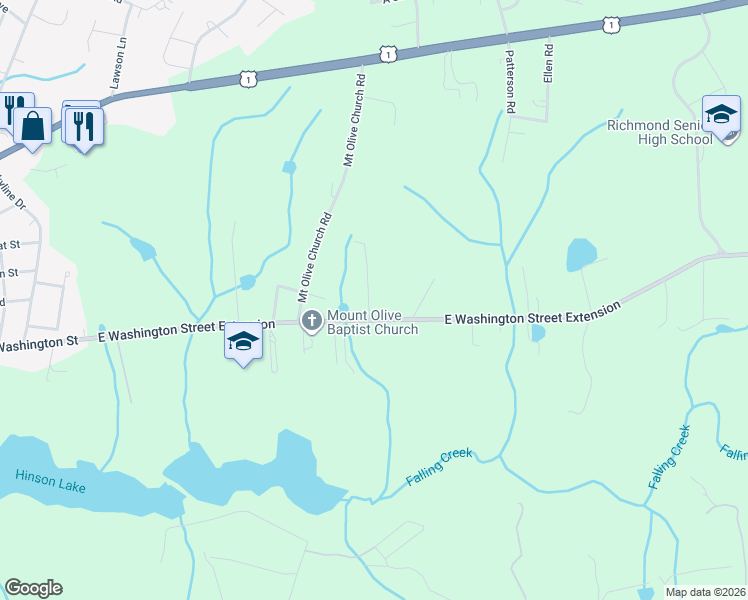 map of restaurants, bars, coffee shops, grocery stores, and more near 129-135 Green Cedar Lane in Rockingham