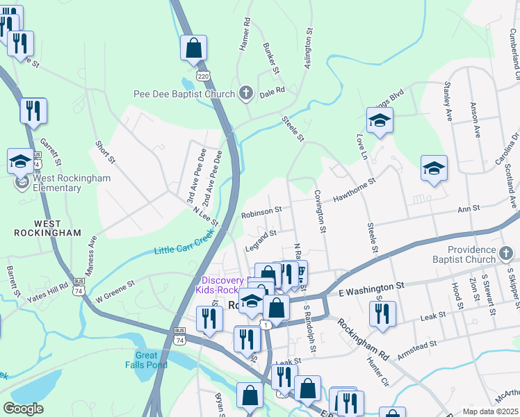 map of restaurants, bars, coffee shops, grocery stores, and more near 209 Robinson Street in Rockingham
