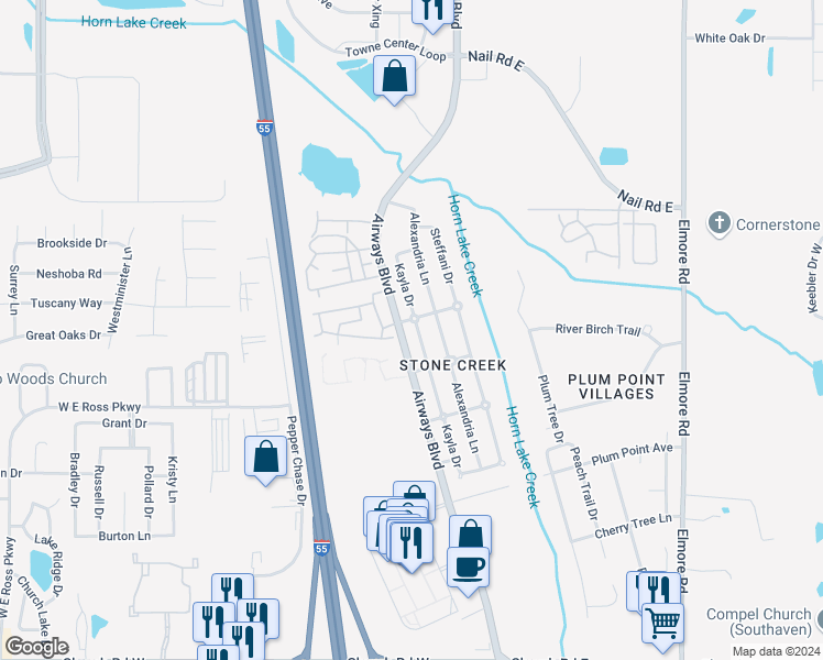 map of restaurants, bars, coffee shops, grocery stores, and more near 5739 Kayla Drive in Southaven
