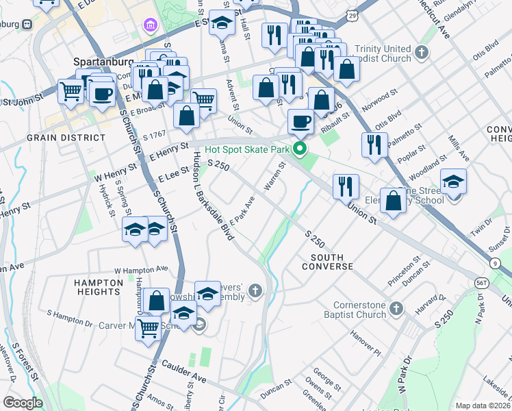 map of restaurants, bars, coffee shops, grocery stores, and more near 312 East Hampton Avenue in Spartanburg