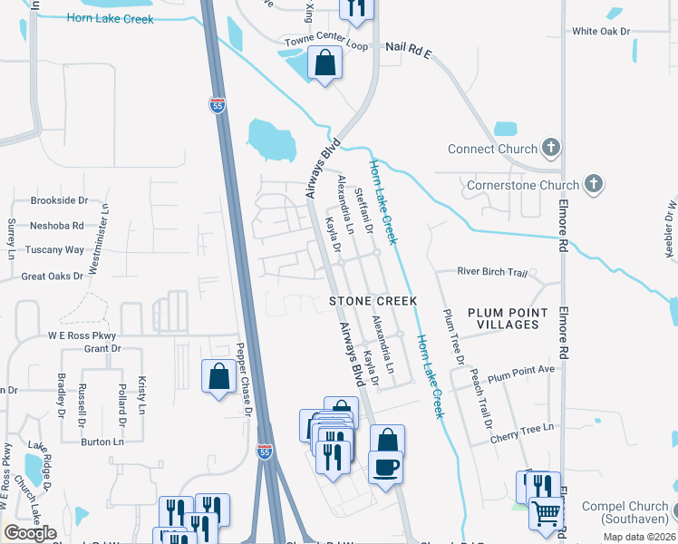 map of restaurants, bars, coffee shops, grocery stores, and more near 5716 Kayla Drive in Southaven