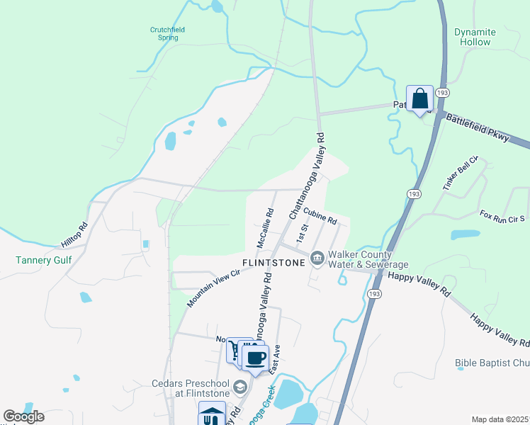 map of restaurants, bars, coffee shops, grocery stores, and more near 86 McCallie Road in Walker County