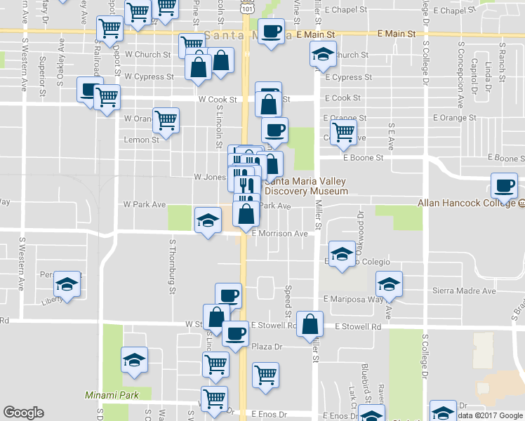 map of restaurants, bars, coffee shops, grocery stores, and more near 801 South McClelland Street in Santa Maria