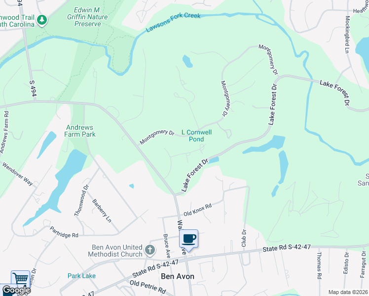 map of restaurants, bars, coffee shops, grocery stores, and more near 3 Cateswood Drive in Spartanburg