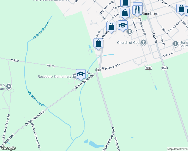 map of restaurants, bars, coffee shops, grocery stores, and more near 1118-1682 Elizabethtown Hwy in Roseboro