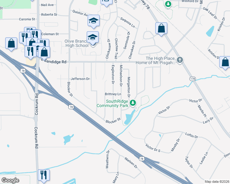 map of restaurants, bars, coffee shops, grocery stores, and more near 5757 Eagleston Drive in Olive Branch