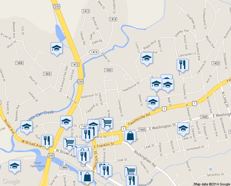 map of restaurants, bars, coffee shops, grocery stores, and more near 407 Covington Street in Rockingham