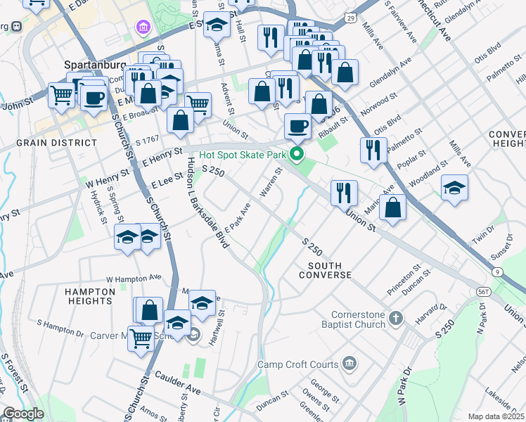 map of restaurants, bars, coffee shops, grocery stores, and more near 312 East Hampton Avenue in Spartanburg