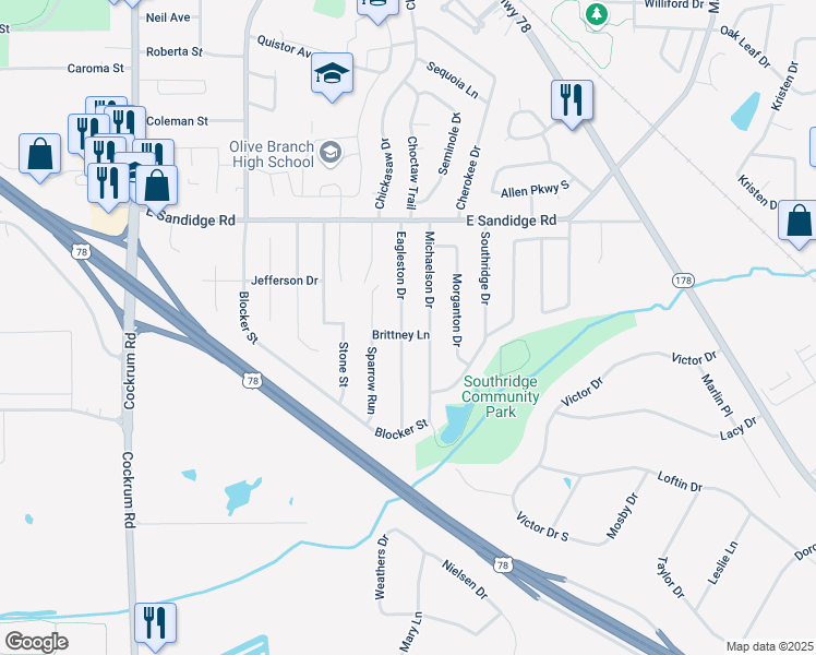 map of restaurants, bars, coffee shops, grocery stores, and more near 5788 Eagleston Drive in Olive Branch