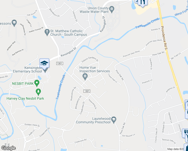 map of restaurants, bars, coffee shops, grocery stores, and more near 8114 Prescott Glen Parkway in Waxhaw