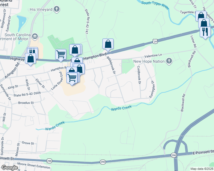 map of restaurants, bars, coffee shops, grocery stores, and more near 636 Ruddy Creek Circle in Greer
