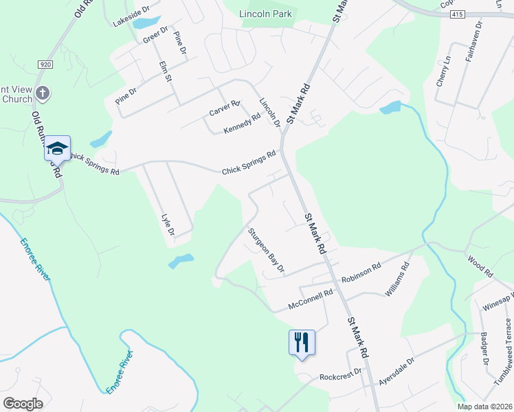 map of restaurants, bars, coffee shops, grocery stores, and more near 301 McConnell Road in Taylors