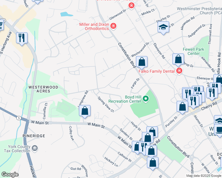 map of restaurants, bars, coffee shops, grocery stores, and more near 1224 Liberty Bell Court in Rock Hill
