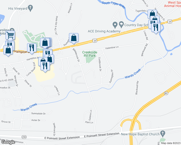 map of restaurants, bars, coffee shops, grocery stores, and more near 110 Palmetto Valley Drive in Greer