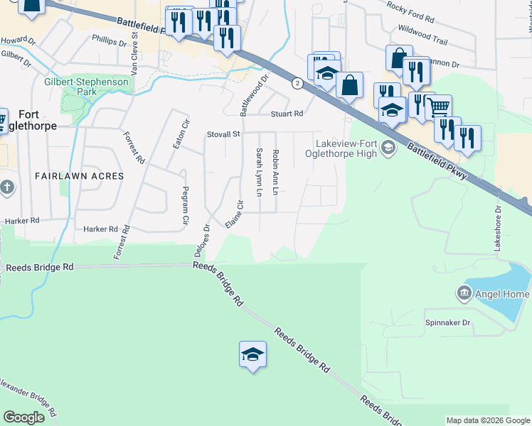 map of restaurants, bars, coffee shops, grocery stores, and more near 49 Gattis Drive in Fort Oglethorpe