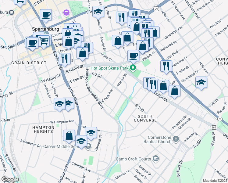 map of restaurants, bars, coffee shops, grocery stores, and more near 312 East Hampton Avenue in Spartanburg