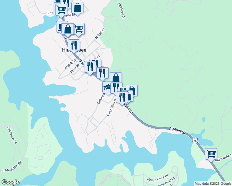 map of restaurants, bars, coffee shops, grocery stores, and more near 200 South Main Street in Hiawassee