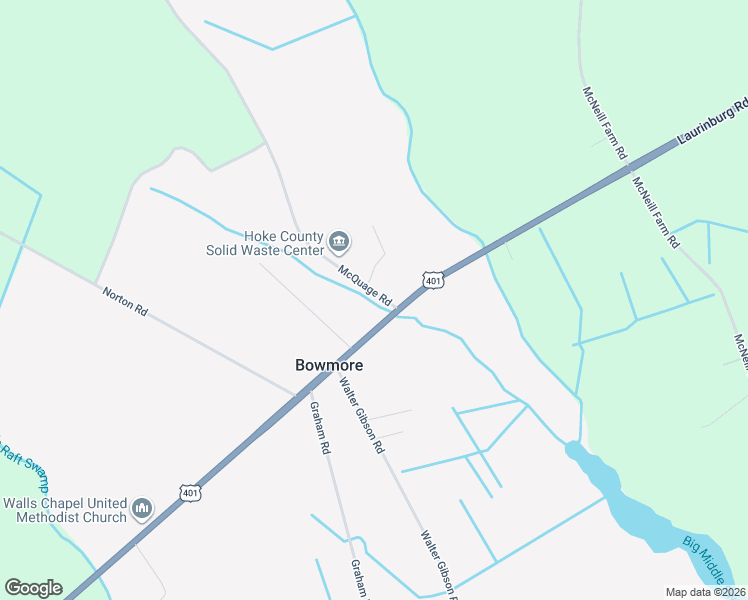 map of restaurants, bars, coffee shops, grocery stores, and more near 151 McQuage Road in Raeford