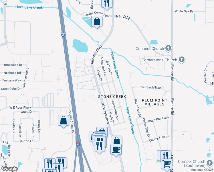 map of restaurants, bars, coffee shops, grocery stores, and more near 5751 Alexandria Lane in Southaven