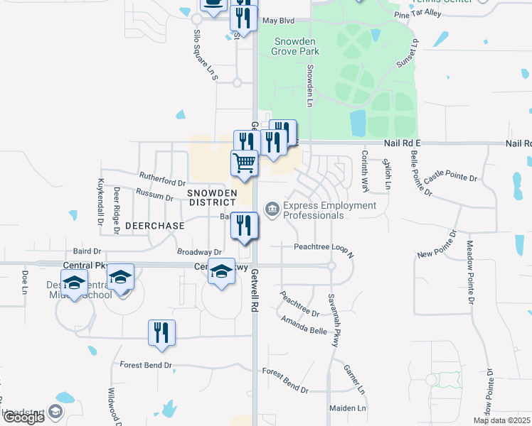 map of restaurants, bars, coffee shops, grocery stores, and more near 5740 Getwell Road in Southaven