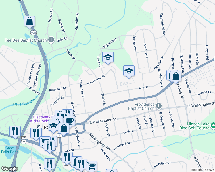 map of restaurants, bars, coffee shops, grocery stores, and more near 408 Steele Street in Rockingham