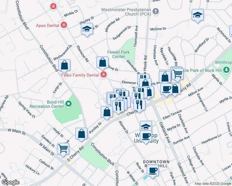 map of restaurants, bars, coffee shops, grocery stores, and more near 204 Fairfield Avenue in Rock Hill