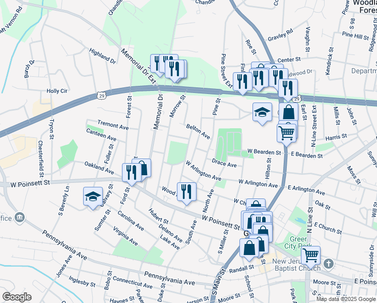 map of restaurants, bars, coffee shops, grocery stores, and more near 202 Green Street in Greer